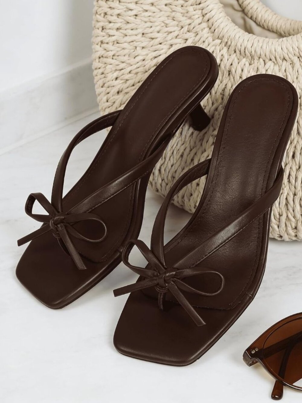 🆕 Women's Chocolate Flip Flop Bow Kitten Heel Toe Cute Dress Shoes Sandals
